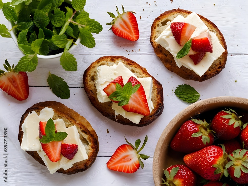 Bruschettas con queso y fresas picadas
Bruschettas con queso y fresas picadas