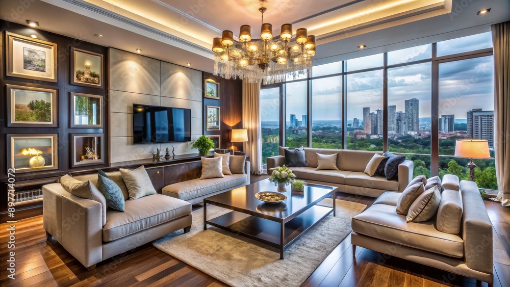 Modern Living Room with City View and Chandelier, Interior Design , Cityscape, Living Room, Apartment, Home Decor Modern Living Room with City View and Chandelier, Interior Design , Cityscape, Living Room, Apartment, Home Decor