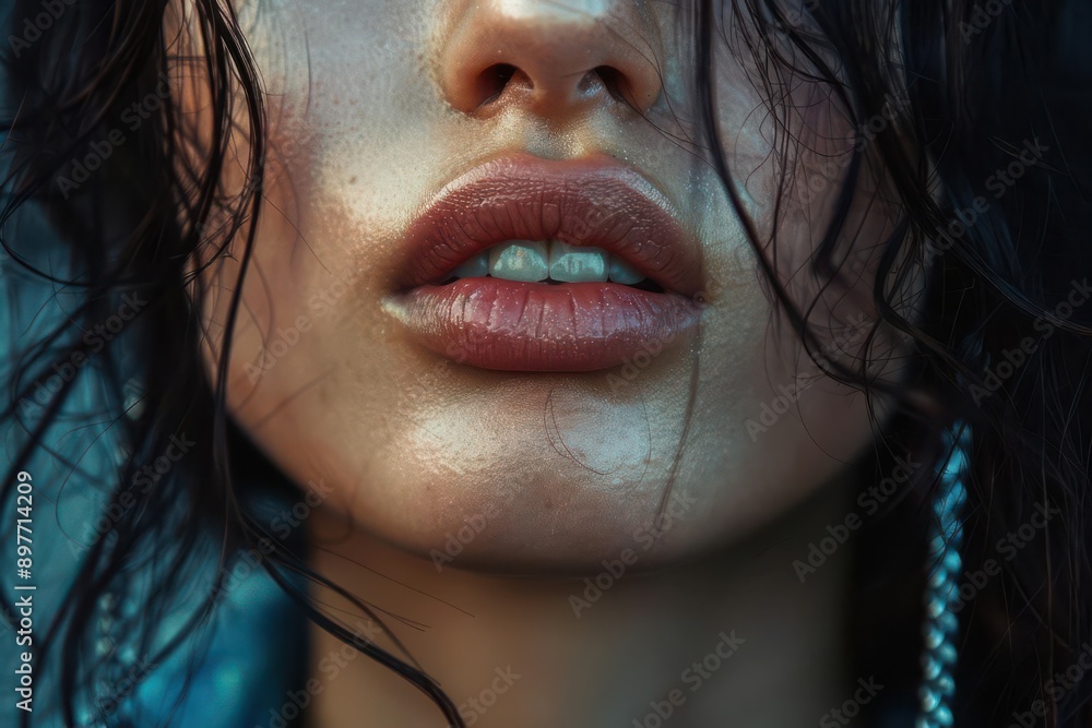 Close-up of a woman's lips showcasing natural beauty and texture, emphasizing shiny skin and detailed features. Close-up of a woman's lips showcasing natural beauty and texture, emphasizing shiny skin and detailed features.