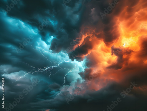 Cloud sky with lightning, thunder storm background for presentation. Red and blue