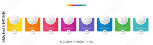 Vector infographic design template. Modern timeline concept with eight steps, circles. Vector illustration used for diagram, workflow layout, banner, webdesign, presentations, flowchart