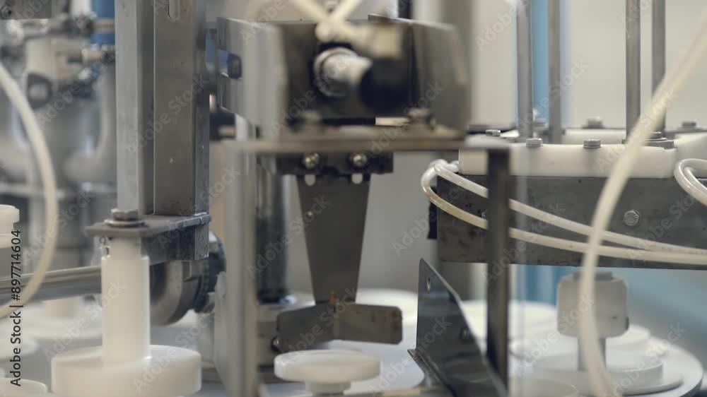 Automated Industrial Machine. Steel Equipment for Ice Cream Production, Putting Ice Cream into the Waffle Cups. Empty conveyor Line at a Modern Food Industry. Manufacturing line. Close Up Automated Industrial Machine. Steel Equipment for Ice Cream Production, Putting Ice Cream into the Waffle Cups. Empty conveyor Line at a Modern Food Industry. Manufacturing line. Close Up