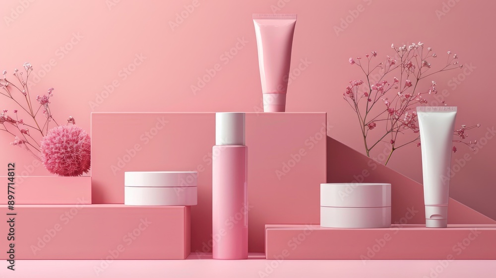 Cosmetics branding mock up with tubes and jars on colored background Cosmetics branding mock up with tubes and jars on colored background