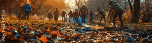 Community members come together to clean up litter in a serene forest setting, promoting environmental awareness and teamwork.
