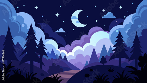 Night sky with clouds, moon and stars In a magical forest vector art illustration