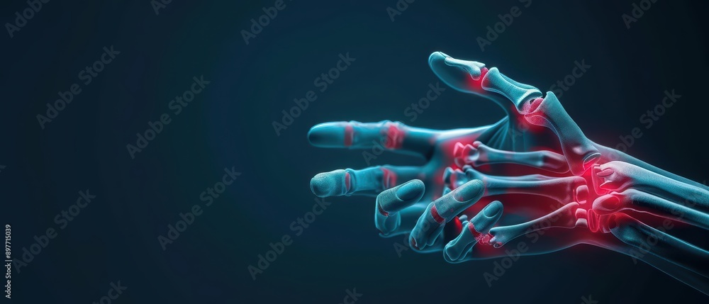 Obraz premium A clear image of fingers with a red highlight around the aching joints, capturing the essence of finger pain and the specific area of discomfort, banner, with copy space