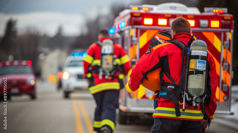 Paramedics using advanced equipment during an emergency, showcasing readiness and modern capabilities, right third copy space Paramedics using advanced equipment during an emergency, showcasing readiness and modern capabilities, right third copy space