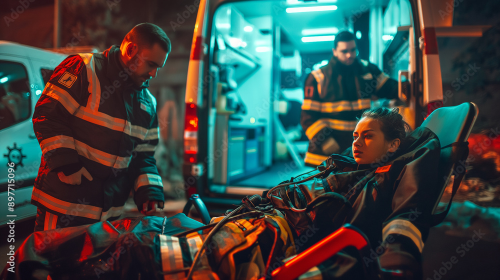 Paramedics using advanced equipment during an emergency, showcasing readiness and modern capabilities, right third copy space Paramedics using advanced equipment during an emergency, showcasing readiness and modern capabilities, right third copy space