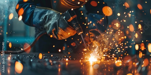Skillful metal worker working with arc welding machine in factory while wearing safety equipment. Metalwork manufacturing and construction maintenance service by manual skill labor concept