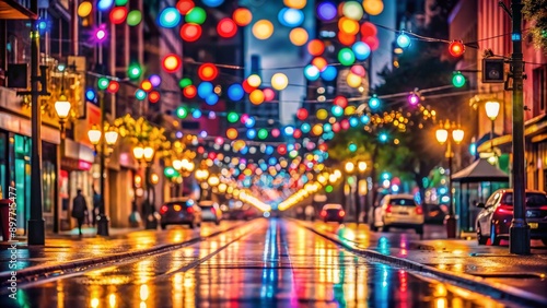 Rainy Night Street Lights Reflection, street , night , bokeh , city © NorthStar Creations