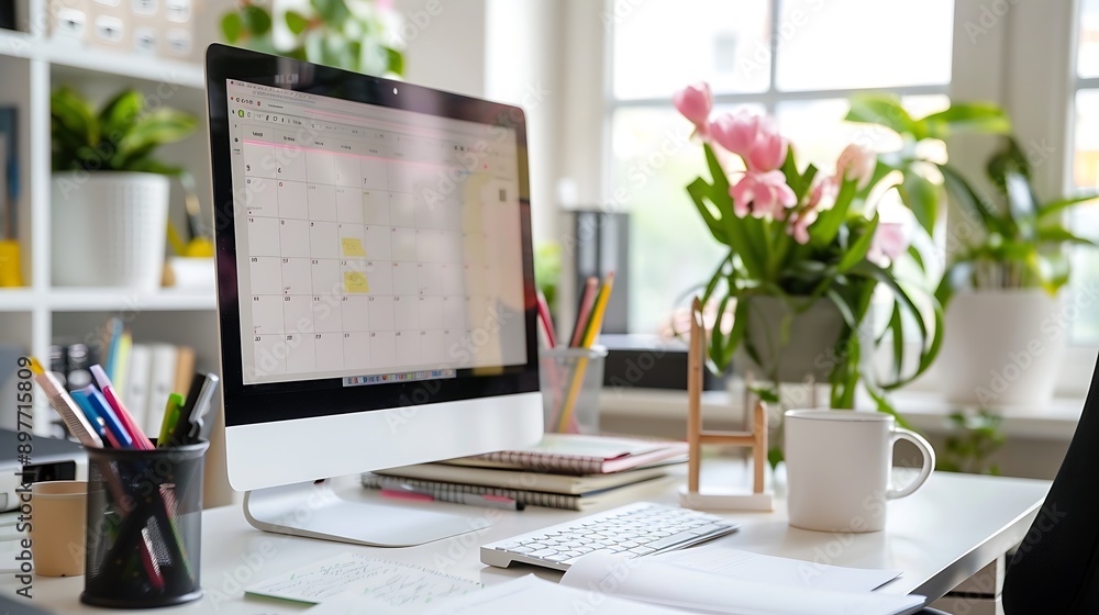 Fototapeta premium A modern office setup featuring a desktop with a content calendar for social media surrounded by notes planners and coffee cups for productivity and organization