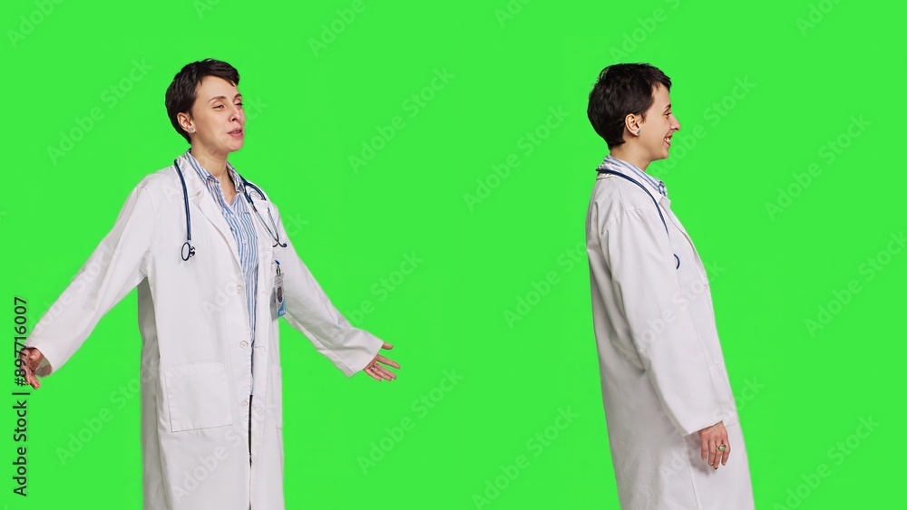 Friendly medic waving hello and greeting patients against greenscreen backdrop, smiling before her exam appointments. Woman physician with white coat welcoming people and being happy. Camera B. Friendly medic waving hello and greeting patients against greenscreen backdrop, smiling before her exam appointments. Woman physician with white coat welcoming people and being happy. Camera B.
