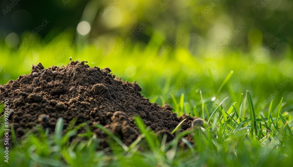 Fototapeta premium High-resolution image of unattractive molehills on a manicured lawn Ideal for wide banner