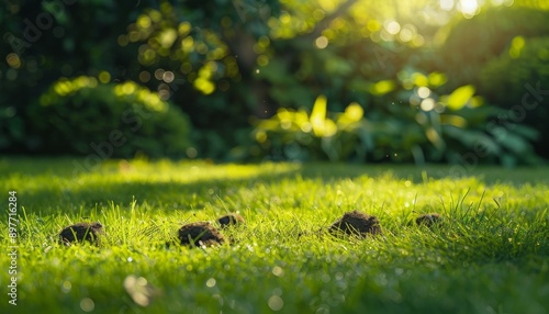 High-resolution image of unattractive molehills on a manicured lawn Ideal for wide banner