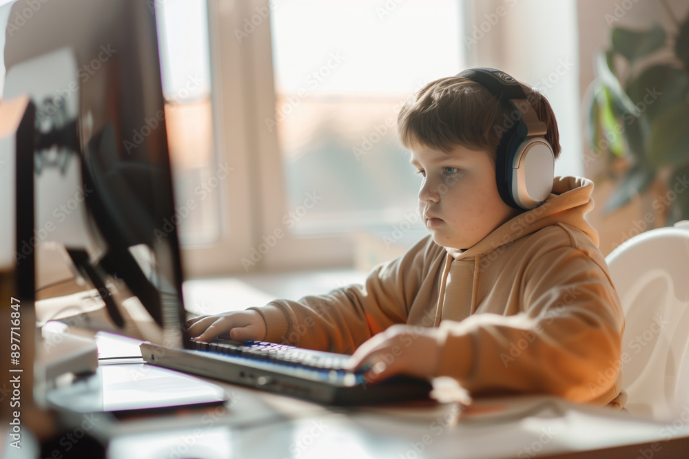 Fat overweight boy playing video games, wearing headset headphones and using a keyboard, focused on the PC desktop computer monitor display screen. Unhealthy obesity lifestyle, sed Fat overweight boy playing video games, wearing headset headphones and using a keyboard, focused on the PC desktop computer monitor display screen. Unhealthy obesity lifestyle, sed