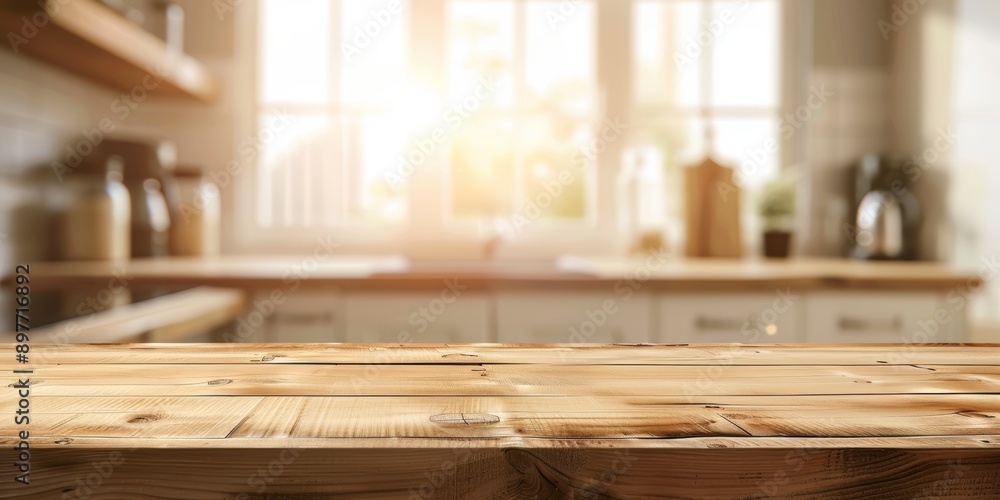 Table Wooden Kitchen Banner with Abstract warm tone, Blurred Background, Empty Space for Product Display in Modern Living, Empty Beautiful wood table top and blurred bokeh modern kitchen background