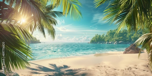 Sunny Tropical Beach With Palm Leaves And Paradise Island