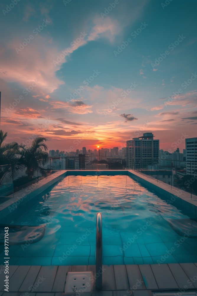 Fototapeta premium Ultra-sharp photo capturing the serene ambiance a rooftop sunset, bathed in soft warm blue light