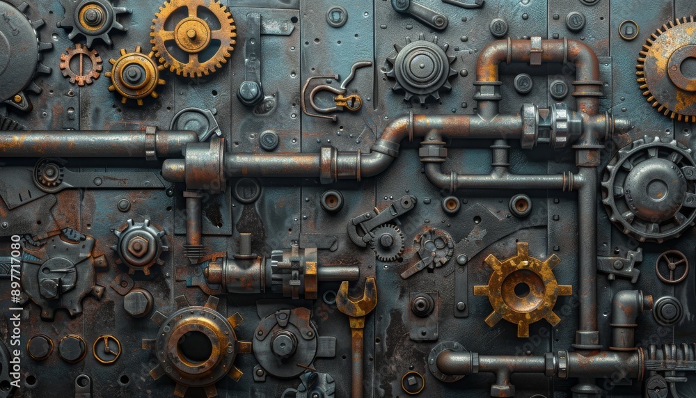 Ultra-sharp photo depicting a backdrop of metal textures with mechanical tools, pipes, cogs, wheels Ultra-sharp photo depicting a backdrop of metal textures with mechanical tools, pipes, cogs, wheels
