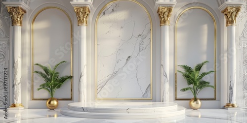 white marble product podium display for luxury product presentation, beautiful golden decoration in the background
