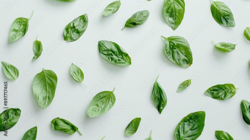Top view of basil leaves on a white surface Top view of basil leaves on a white surface