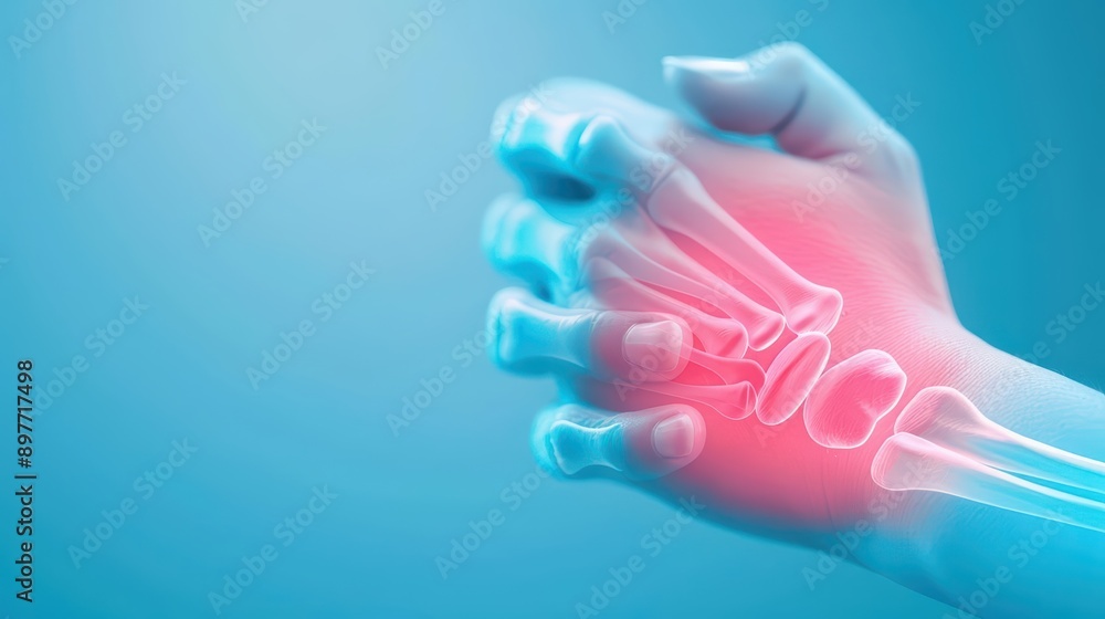 A precise depiction of a wrist with a red highlight around the sore area, illustrating wrist pain and focusing on the source of the discomfort, banner, with copy space A precise depiction of a wrist with a red highlight around the sore area, illustrating wrist pain and focusing on the source of the discomfort, banner, with copy space