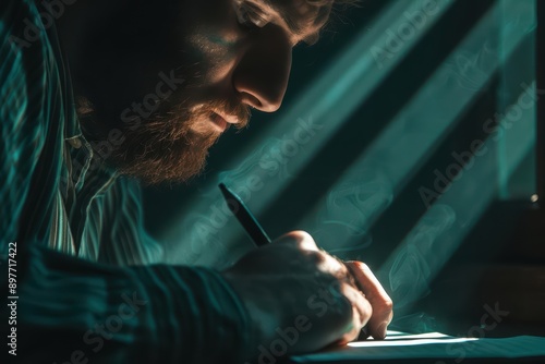 A poetic portrayal of a singer writing lyrics with sunlight filtering through a cozy nook