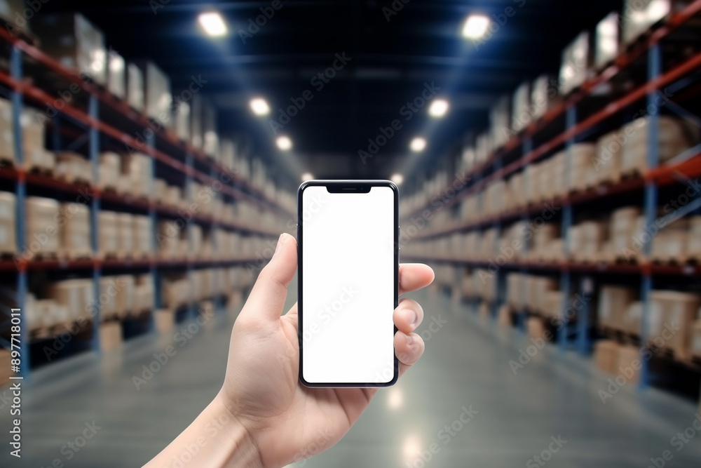 Warehouse with a hand holding an empty smartphone Warehouse with a hand holding an empty smartphone