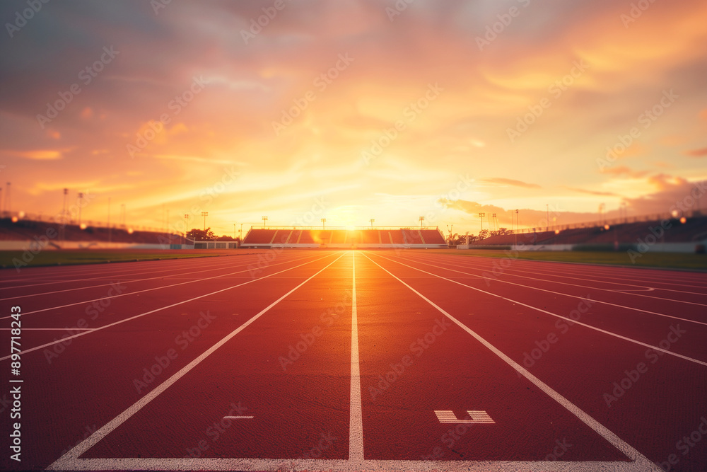 Sunset over a red orange running track stadium field. Perfect setting for a sprint tournament training or speed race competition championship event. Photo Sunset over a red orange running track stadium field. Perfect setting for a sprint tournament training or speed race competition championship event. Photo
