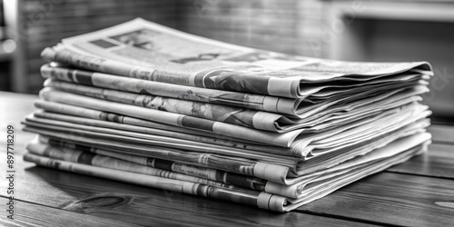 Stack of Newspapers on Wooden Table, Black and White, Close-Up, News, Media, Journalism, Information