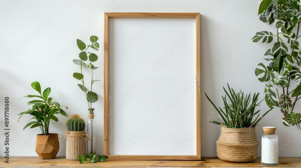 A minimalistic arrangement with a blank wooden frame surrounded by various potted plants, creating a clean and fresh look A minimalistic arrangement with a blank wooden frame surrounded by various potted plants, creating a clean and fresh look
