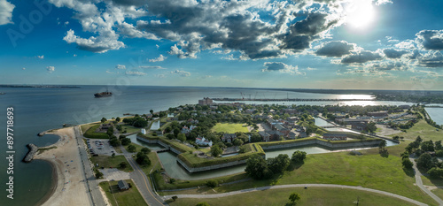 Aerial view of Fort Monroe former military installation in Hampton, Virginia, Old Point Comfort protecting the entrance to the bay with seven bastions photo