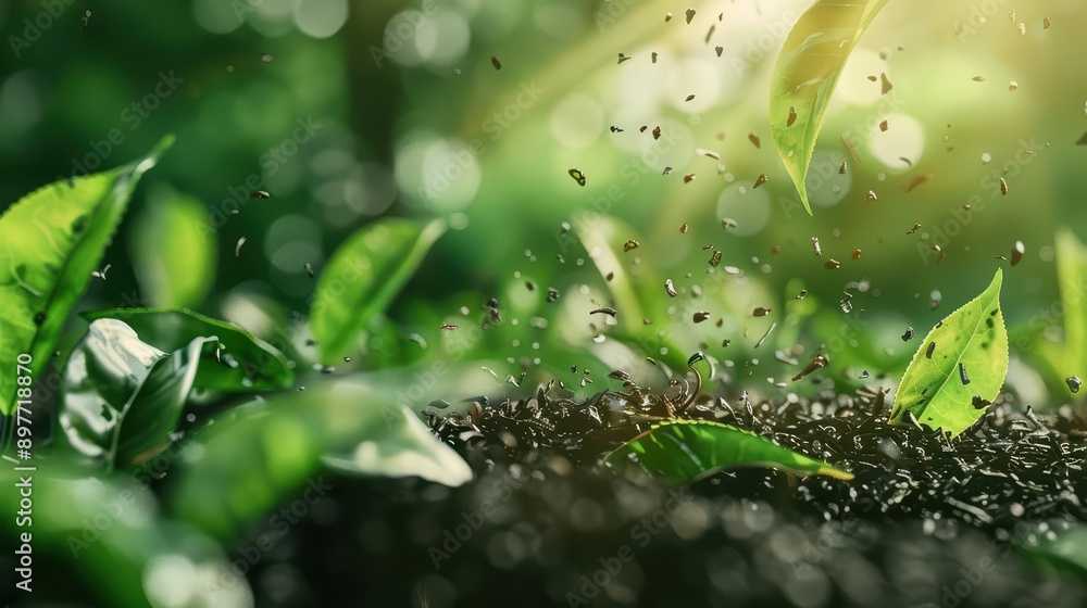 A vibrant scene of tea leaves and liquid bursting outward with sunlight filtering through a kitchen A vibrant scene of tea leaves and liquid bursting outward with sunlight filtering through a kitchen