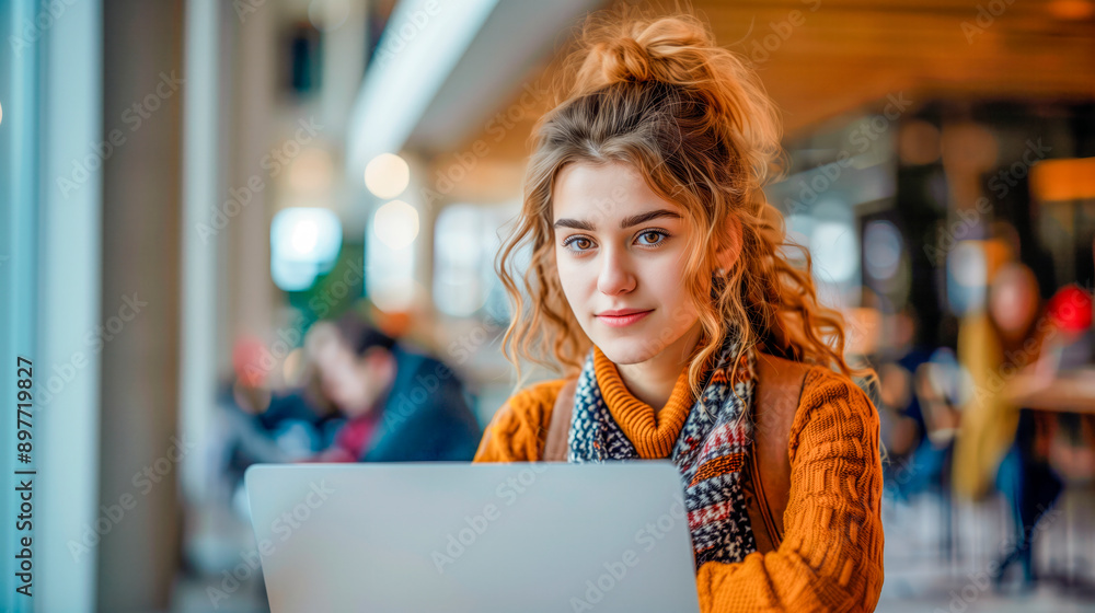 Young college student girl reviewing her notes and doing homework in the college cafeteria. Woman working on laptop in cafe. Young college student girl reviewing her notes and doing homework in the college cafeteria. Woman working on laptop in cafe.