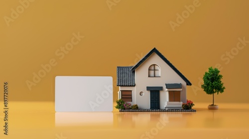 Real estate agent's business card placed next to a small model house