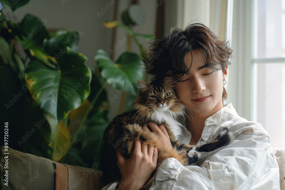 猫を抱きしめる若いアジア人男性。リビングルームの観葉植物が背景。 猫を抱きしめる若いアジア人男性。リビングルームの観葉植物が背景。