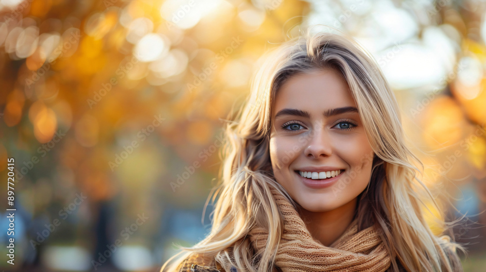 Fototapeta premium Beautiful young woman with long blonde hair wearing a scarf, smiling outdoors in autumn