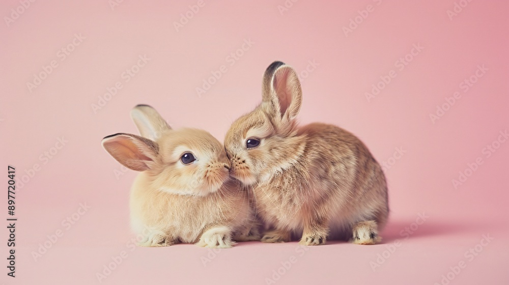 A pair of adorable dwarf rabbits cuddling nose-to-nose, their soft fur contrasting against a delicate pink backdrop. A pair of adorable dwarf rabbits cuddling nose-to-nose, their soft fur contrasting against a delicate pink backdrop.