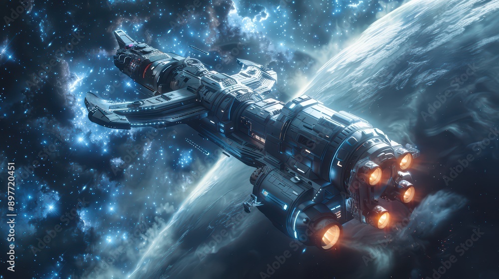 Interstellar spaceship traveling through the cosmos Interstellar spaceship traveling through the cosmos