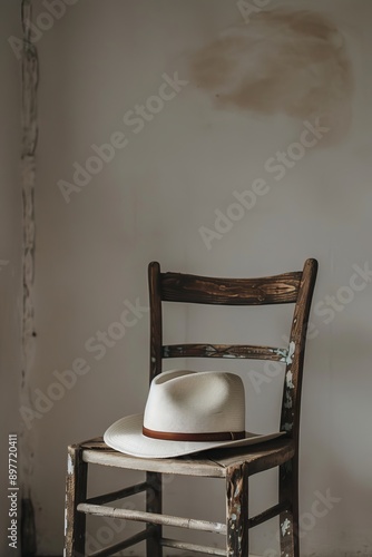 White hat on old wooden chair in the room. Vintage style. photo