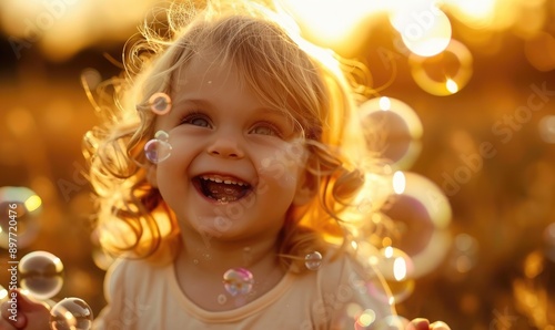 Beautiful Five-Year-Old Caucasian Girl Playing with Soap Bubbles Outdoors at Sunset – Capturing Happy and Carefree Childhood Moments © piai