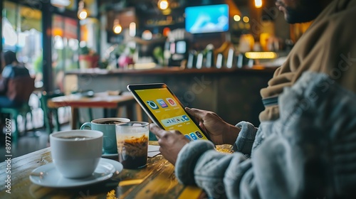 An individual analyzing social media metrics on a tablet in a trendy café setting surrounded by a comfortable and fashionable ambiance