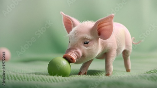 A pink piglet with a curly tail, playfully nudging a rubber ball with its snout against a soft green background. photo