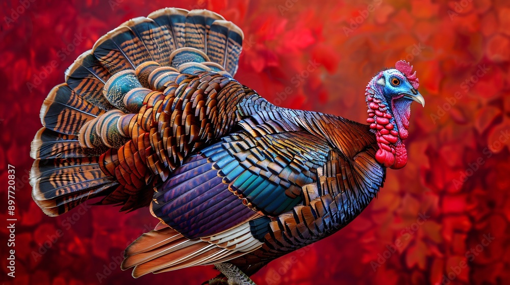 Obraz premium A turkey with colorful plumage, strutting confidently with its tail feathers fanned out, against a deep red background.