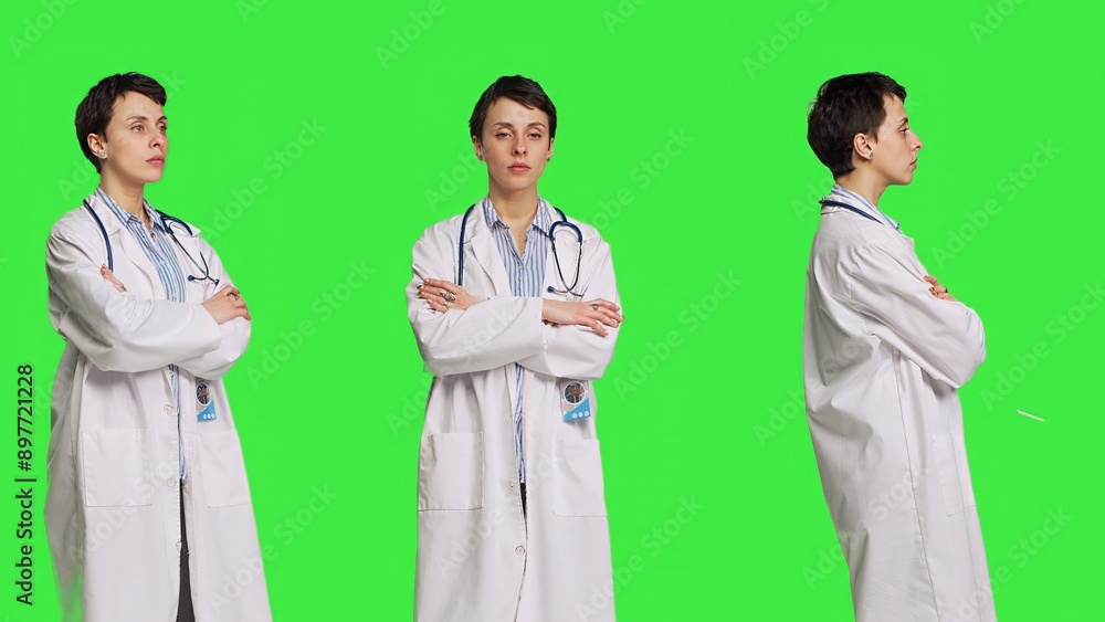 Woman medic posing with arms crossed in a white coat, feeling confident and successful with her medical career and expertise. Doctor having a stethoscope standing against greenscreen. Camera B. Woman medic posing with arms crossed in a white coat, feeling confident and successful with her medical career and expertise. Doctor having a stethoscope standing against greenscreen. Camera B.