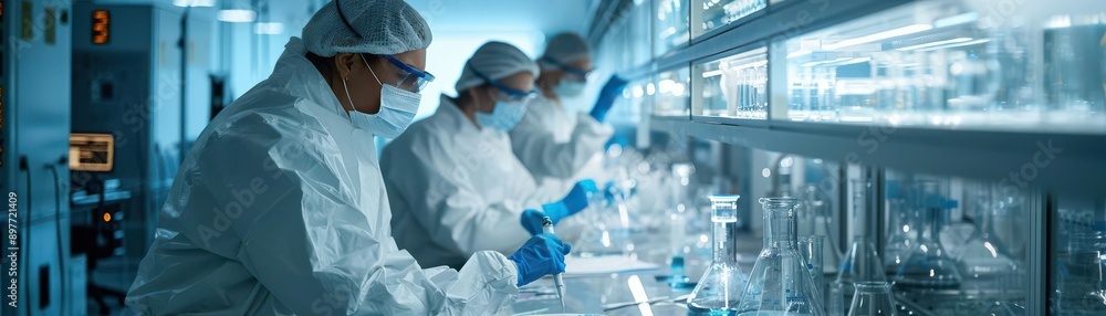 Scientists in lab coats working in a sterile laboratory. Scientists in lab coats working in a sterile laboratory.