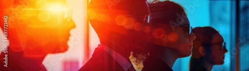 Silhouettes of people in vibrant light, creating a sense of mystery and intrigue.