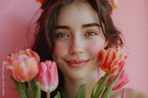 Beautiful Young Woman Holding Bouquet of Pink Tulips