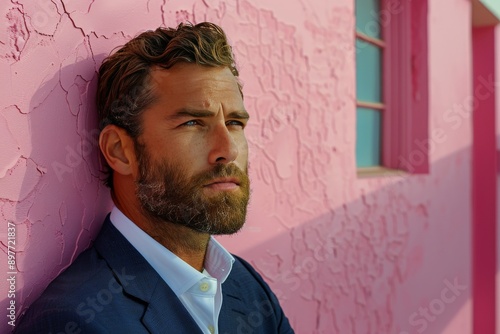 Man in Suit Leaning Against Pink Wall