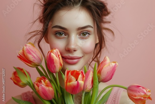 Beautiful Young Woman Holding Bouquet of Pink Tulips